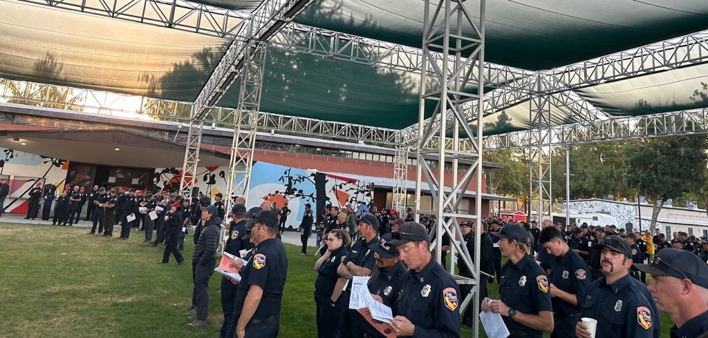 Firefighters listened to the early morning briefing on Wednesday at Napa Valley Expo before heading out to the Pickett Fire. Kerana Todorov photo