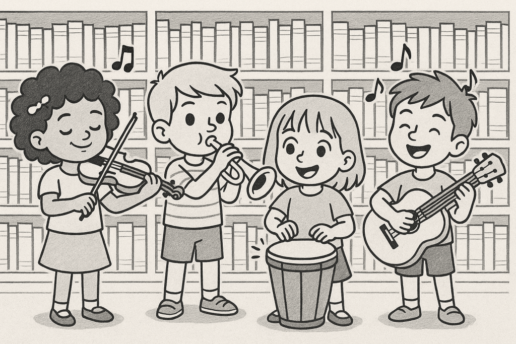 Kids and musical instruments in a library. Napa Valley News Group graphic