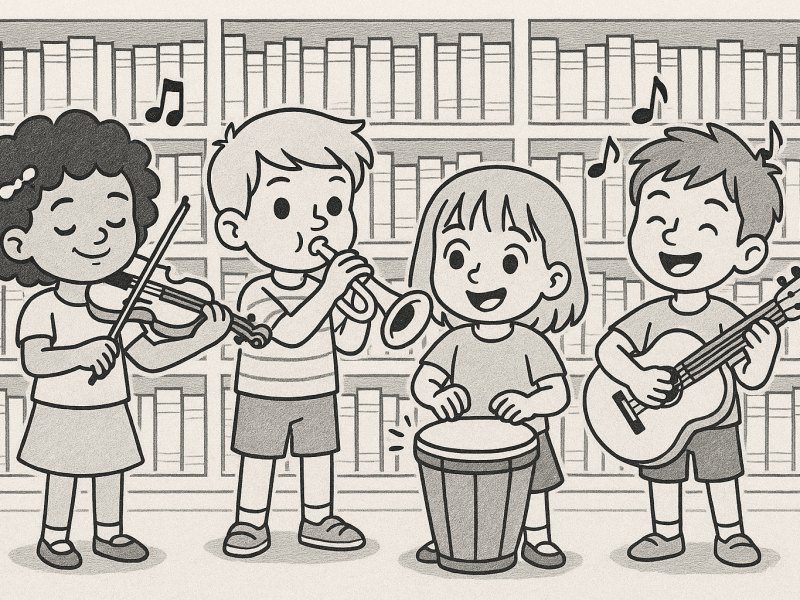 Kids and musical instruments in a library. Napa Valley News Group graphic