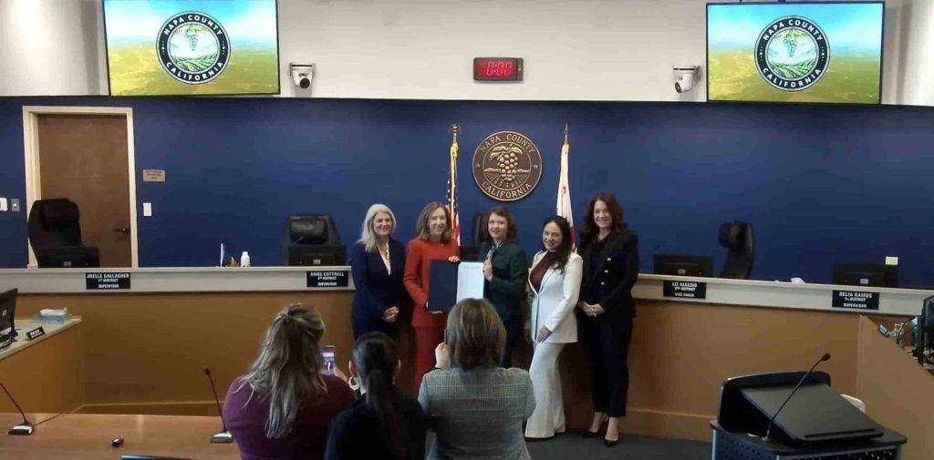 Napa County Supervisor Amber Manfree, third from left, on Tuesday was named chair of the board for 2026. Supervisor Anne Cottrell, second from left, received a proclamation to thank her for her services as chair for the year 2025. Also present were Supervisor Joelle Gallagher, first from left, and Belia Ramos, second from right and Liz Alessio, first from right. Alessio was named vice chair. Napa County video image capture