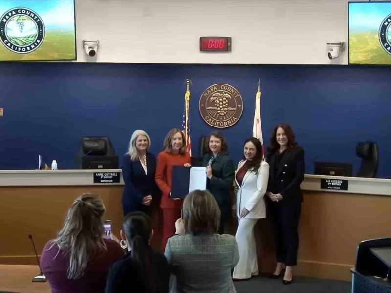 Napa County Supervisor Amber Manfree, third from left, on Tuesday was named chair of the board for 2026. Supervisor Anne Cottrell, second from left, received a proclamation to thank her for her services as chair for the year 2025. Also present were Supervisor Joelle Gallagher, first from left, and Belia Ramos, second from right and Liz Alessio, first from right. Alessio was named vice chair. Napa County video image capture