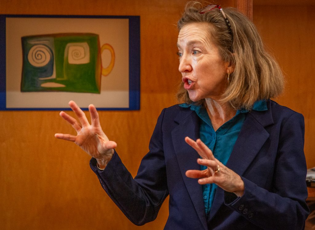 Napa County Supervisor Anne Cottrell discusses wildfires, insurance and other local topics with upvalley residents at the Calistoga Roastery in March 2025. Clark James Mishler photo