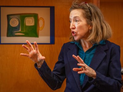 Napa County Supervisor Anne Cottrell discusses wildfires, insurance and other local topics with upvalley residents at the Calistoga Roastery in March 2025. Clark James Mishler photo
