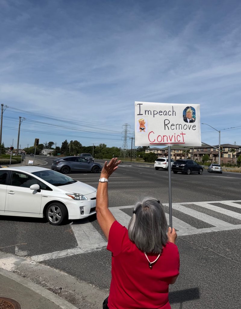 About 70 people gathered Saturday afternoon at the Highway 29 and American Canyon Road intersection for a "No Kings" demonstration, waving signs as cars and trucks honked in support. Cindy Lederer walked from her house to attend the rally, carrying a homemade sign made with a broom handle. Kerana Todorov photo