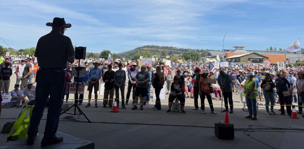 Jim Jones, a retired attorney, spoke at Saturday's "No Kings" rally at Oxbow Commons. Kerana Todorov photo